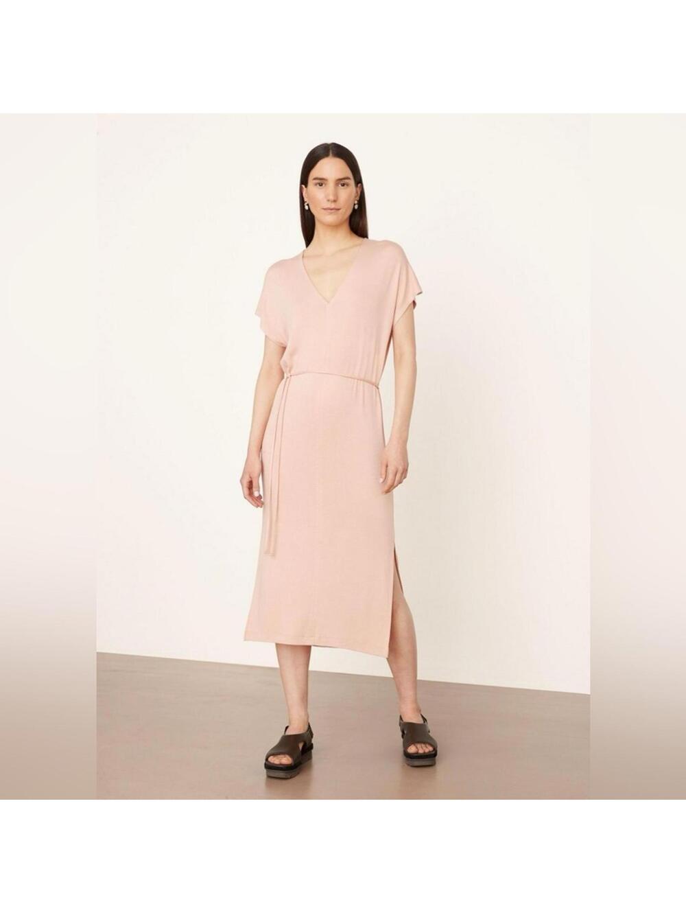 NWT Vince Double V-Neck Popover Midi Dress, deep peachy pink, size medium